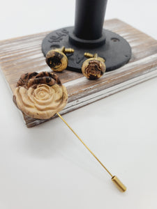 Distinctly You! These were part of our summer Pop Up Shop line and are now available here on our website. Handmade cufflinks and lapel pin using brown polymer clay with gold flake, brass lapel pin, and brass cufflinks.