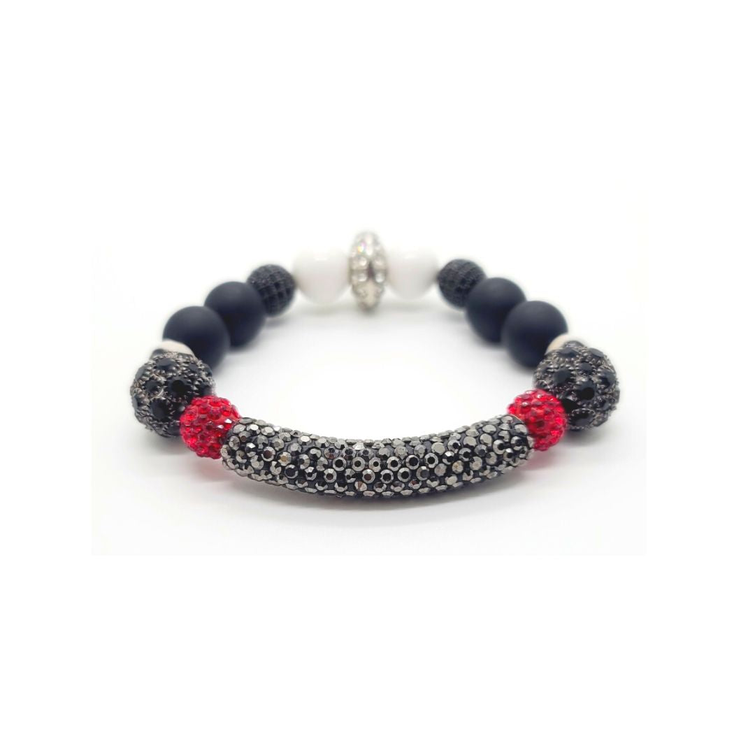 Length: 7.5 inches | Weight: 1.2 ounces  Distinctly You! This bracelet is handmade using black pave charm, pave black beads, pave red beads, black beads, zebra beads, and white glass beads, and bracelet uses 8mm latex free clear stretch cord. 